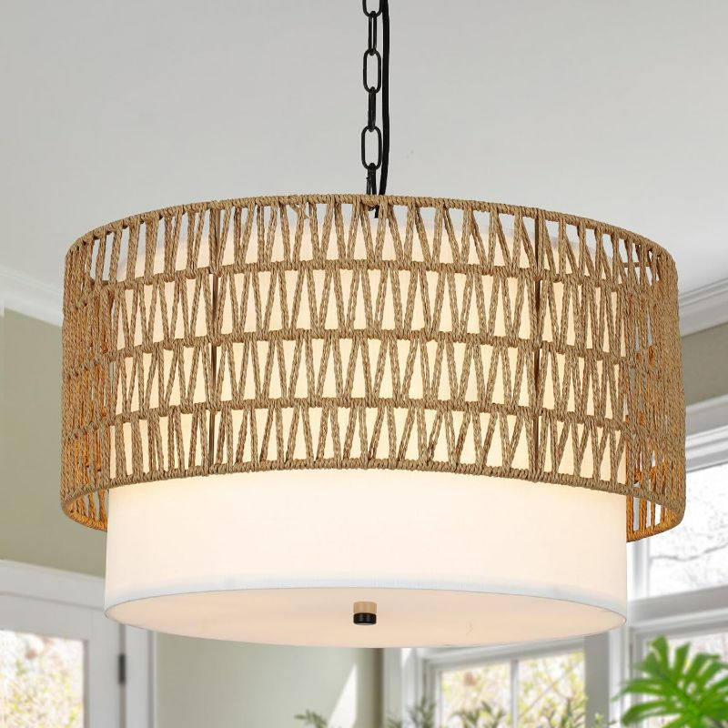 Photo 1 of Farmhouse Chandeliers for Dining Room,5-Light Rattan Boho Chandelier Light Fixture with Fabric Shade,Hand Woven Large Rattan Dining Room Light Fixture for Kitchen Bedroom Island Hallway
