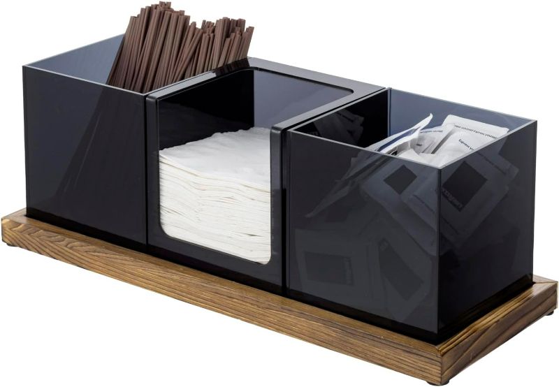 Photo 1 of MyGift Modern Acrylic Coffee and Tea Station Organizer with 3 Removable Premium Translucent Black Acrylic Compartments and Rustic Burnt Solid Wood Decorative Tray, 4 Piece Set
