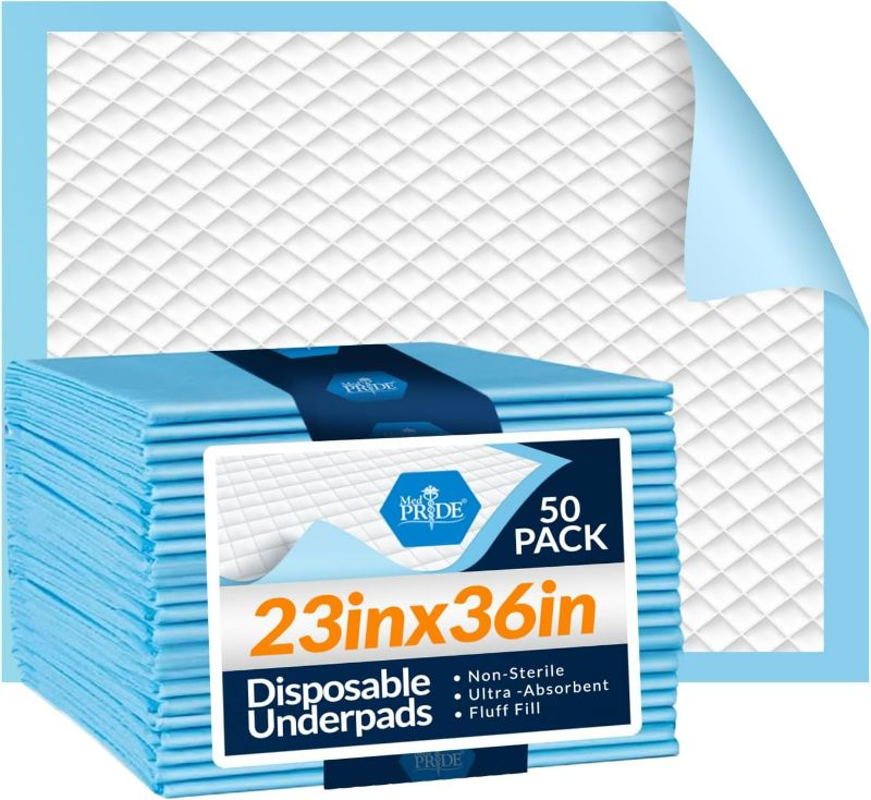 Photo 1 of MED PRIDE Disposable Underpads 23'' X 36'' Incontinence Pads, Chux, Bed Covers, Puppy Training | Thick, Super Absorbent Protection for Kids, Adults, Elderly | Liquid, Urine, Accidents (150)
