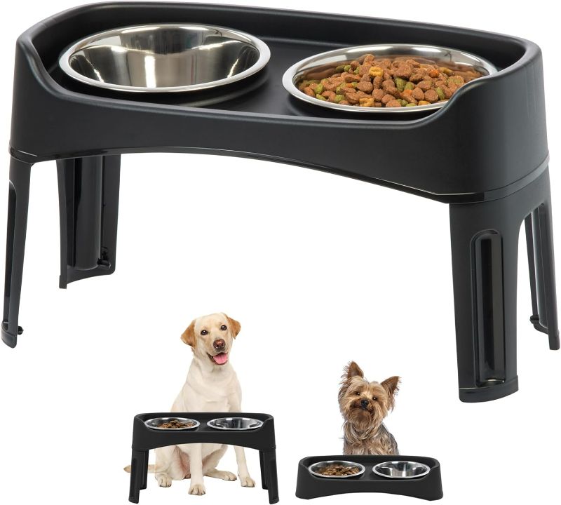 Photo 1 of IRIS USA Elevated Dog Bowls, Adjustable Height, 2 Thick 64oz Stainless Steel Bowls, Spill-Proof with Raised Outer Rim, Durable Made in USA Plastic, Easy Assemble, 2 Heights 4.63" or 12.25" Black
