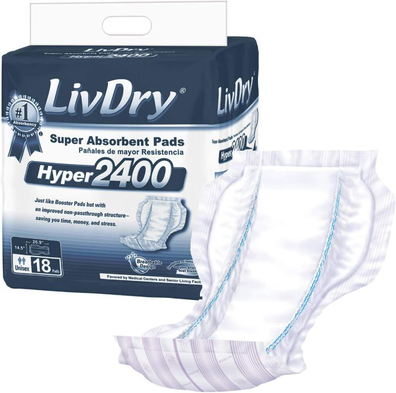 Photo 1 of LivDry Incontinence Pad Insert for Men and Women | Hyper 2400 for Less Active Usage and More Protection (18 Count)
