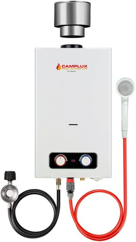 Photo 1 of Tankless Water Heater, Camplux 2.64GPM 68,000BTU Outdoor Propane Gas Water Heater with 4.33" Rain Cap, Camping Shower, White
