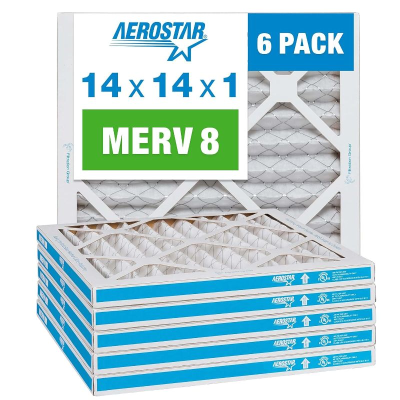 Photo 1 of Aerostar 14x14x1 MERV 8 Pleated Air Filter, AC Furnace Air Filter, 6 Pack (Actual Size: 13 3/4"x13 3/4"x3/4")
