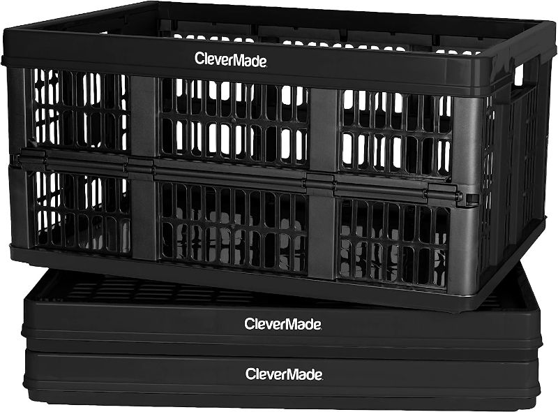 Photo 1 of CleverMade Collapsible Utility Crate, Black, 3PK - 45L (11 Gal) Collapsible Storage Bins, Holds 66lbs Per Bin - Plastic Stackable Grated Wall Utility Containers, CleverCrates Baskets
