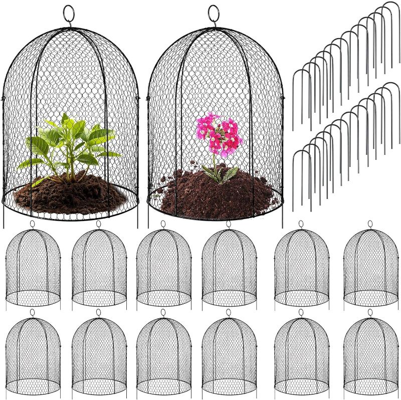 Photo 1 of 12 Pcs Garden Cloches for Plants, 12" x 16" Large Chicken Wire Cloche with 24 Stakes Plant Covers Plant Protector from Animals Mesh Plant Cage Plants Cloches Dome for Vegetable Garden Outdoor
