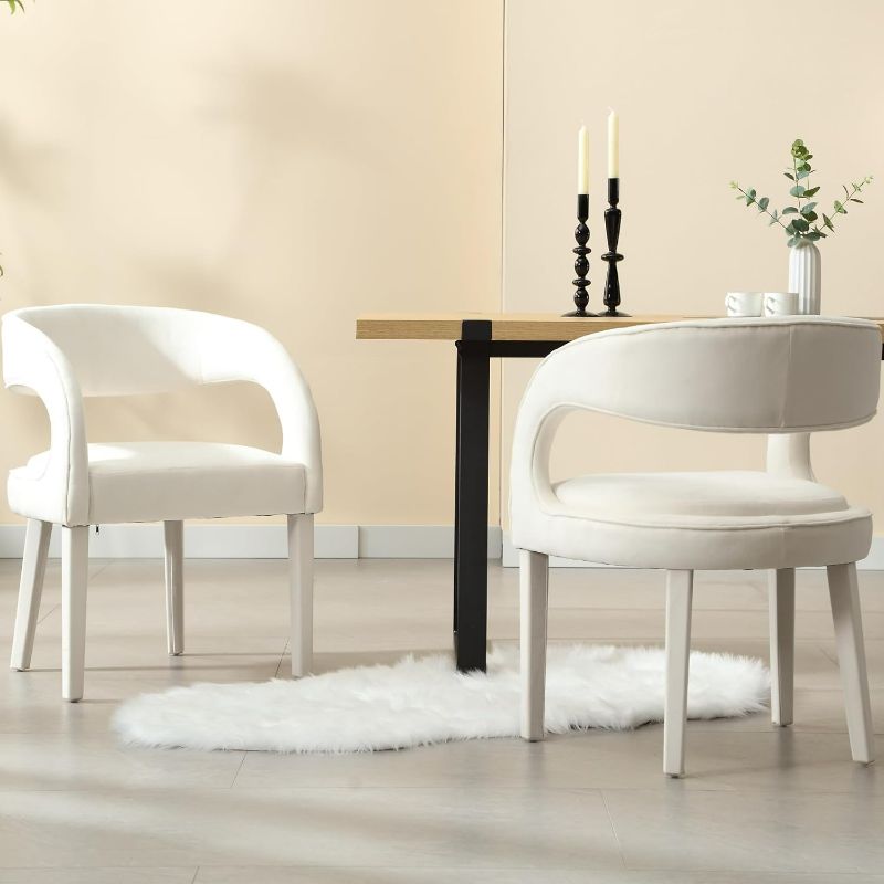 Photo 1 of Read Clerk Comments** White Upholstered Dining Chairs Velvet Modern Dining Room Chairs with Open Back, Comfy Kitchen Chairs Barrel Dining Chair Accent Arm Chairs for Kitchen/Dining Room/Living Room
