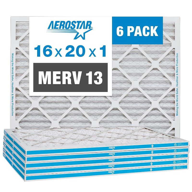 Photo 1 of Aerostar 16x20x1 MERV 13 Pleated Air Filter, AC Furnace Air Filter, 6 Pack (Actual Size: 15 3/4"x 19 3/4" x 3/4")
