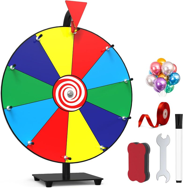 Photo 1 of 14 Inch Spinning Prize Wheel- 10 Slots Heavy Duty Color Tabletop Roulette Spinner of Fortune Spin The with Dry Erase Marker and Eraser Win Game for Trade Show, Carnival Classic Series
