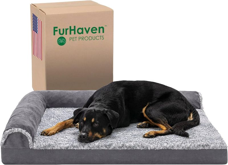 Photo 1 of Furhaven Orthopedic Dog Bed for Large Dogs w/ Removable Bolsters & Washable Cover, For Dogs Up to 95 lbs - Two-Tone Plush Faux Fur & Suede L Shaped Chaise - Stone Gray, Jumbo/XL
