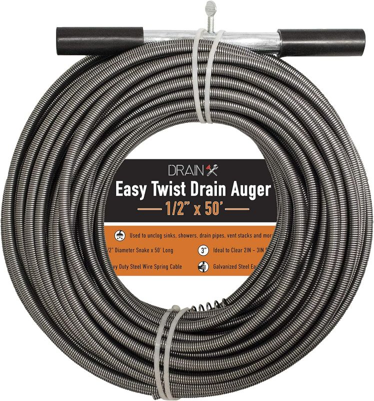 Photo 1 of Drainx Easy Twist Drain Auger | Flexible Plumbing Cables for Cleaning Drainage Clogs Includes Storage Bag and Protective Gloves, 1/2" Diameter, 50 FT
