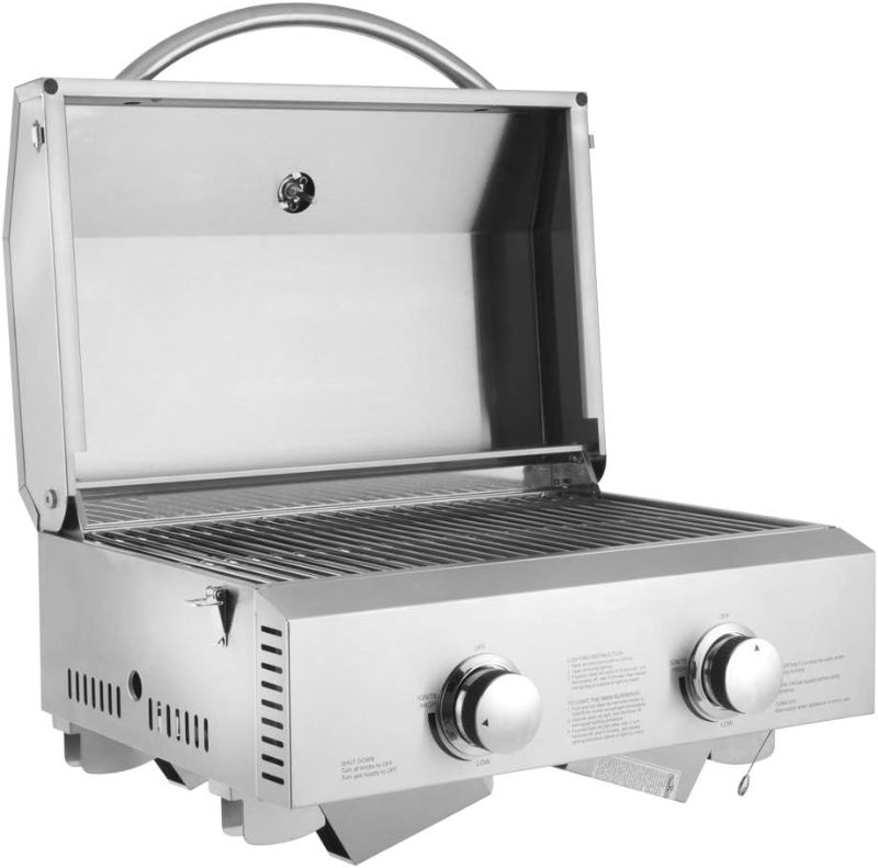 Photo 1 of Propane TableTop Gas Grill Stainless Steel Two-Burner BBQ, with Foldable Leg, Perfect For Camping

