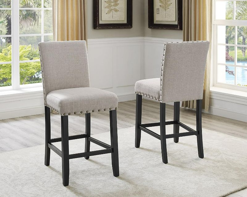Photo 1 of Biony Tan Fabric Counter Height Stools with Nailhead Trim, Set of 2
