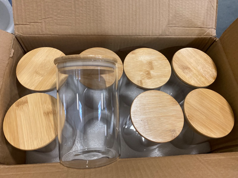Photo 2 of Glass Food Storage Jars 8-Pack - 4x6 in-Clear Glass Food Canisters with Bamboo Lid Airtight For Serving Tea, Coffee, Flour, Sugar, Candy, Cookie, Spice and More (Circular)
