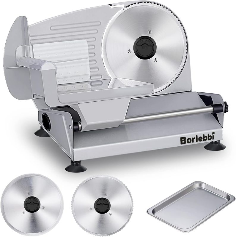 Photo 1 of Meat Slicer, 200W Electric Food Slicer with 2 Removable 7.5" Stainless Steel Blades and Stainless Steel Tray, Child Lock Protection, Adjustable Thickness, Food Slicer Machine for Meat Cheese Bread
