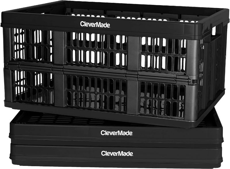 Photo 1 of CleverMade Collapsible Utility Crate, Black, 3PK - 45L (11 Gal) Collapsible Storage Bins, Holds 66lbs Per Bin - Plastic Stackable Grated Wall Utility Containers, CleverCrates Baskets
