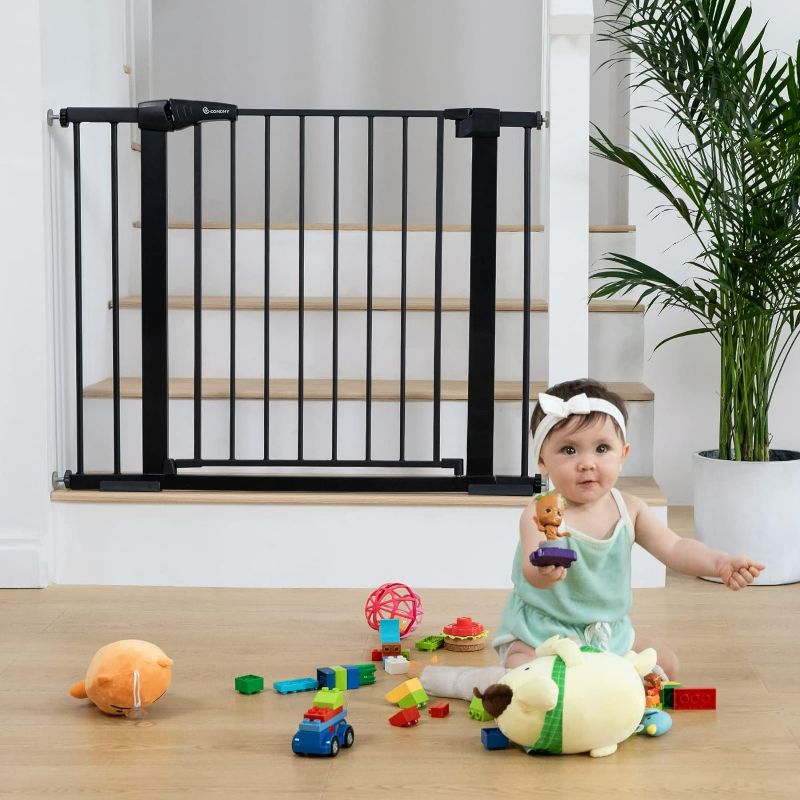 Photo 1 of COMOMY 30" Tall Baby Gate for Stairs Doorways, Fits Openings 29.5" to 40.5" Wide, Auto Close Extra Wide Dog Gate for House, Pressure Mounted Easy Walk Through Pet Gate with Door, Black
