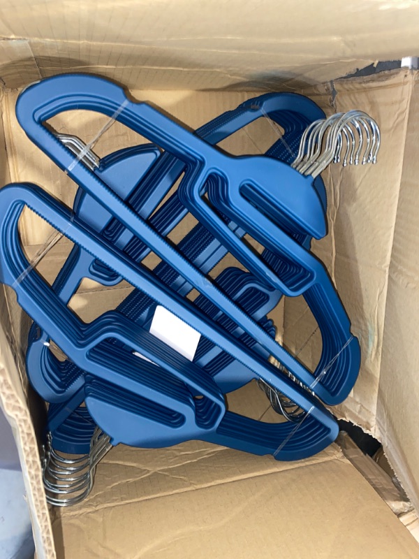 Photo 2 of Plastic Hangers, 50 Pack Coat Hangers Rubber Coated Clothes Hangers with Non-Slip Design, Ultra Slim & Heavy Duty Suit Hangers, Space Saving Hangers for Closet (Blue- S Shaped)
