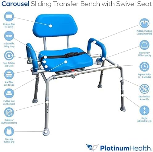 Photo 2 of Carousel Sliding Shower Chair Tub Transfer Bench with Swivel Seat, Premium Padded Bath, with Pivoting Arms, Adjustable Space Saving Design for Tubs, Inside Shower, for Handicap & Seniors, Blue
