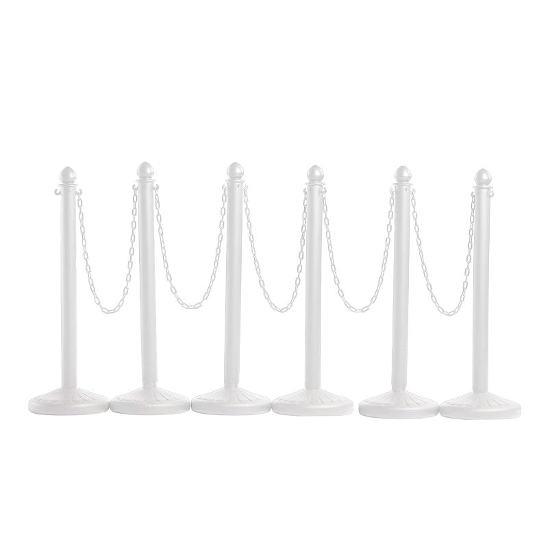 Photo 1 of Montour Line Plastic Stanchion White 2.5 Inch Diameter with 50 Foot Chain, 6-Pack, Crowd Control Barriers
