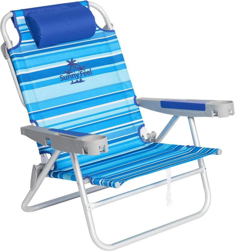 Photo 1 of SUNNYFEEL Extra Wide 28" Low Beach Chair 5 Position Lay Flat, XL Oversized Portable Folding Camping Chairs with Cup Holder for Outdoor/Trip, Lightweight Foldable Backpack Beach Chair for Adults
