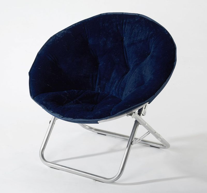 Photo 1 of Super Soft Faux Fur Saucer Chair with Folding Metal Frame, Navy, 29"X32"X22"
