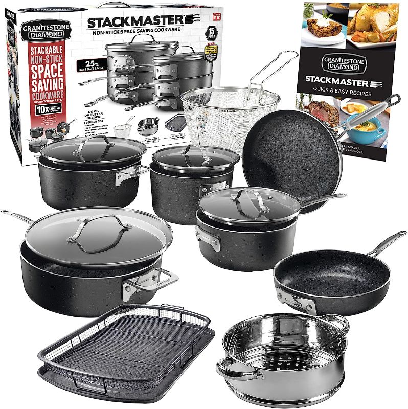 Photo 1 of Granitestone Original Stackmaster 15 Piece Nonstick Cookware Set, Scratch Resistant Kitchenware, Pots and Pans, Induction-Compatible
