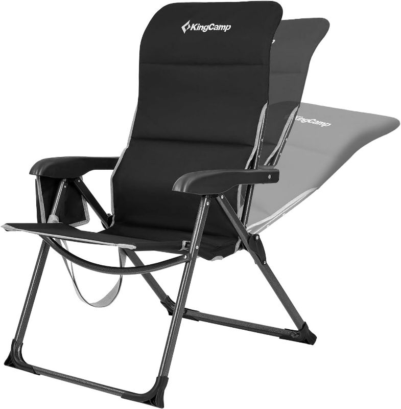 Photo 1 of KingCamp Reclining Camping Folding Chair, Padded Lumbar Support Heavy Duty High Back Adults Chairs with Carry Strap Pocket for Garden Lawn Patio Outdoor Camp Black
