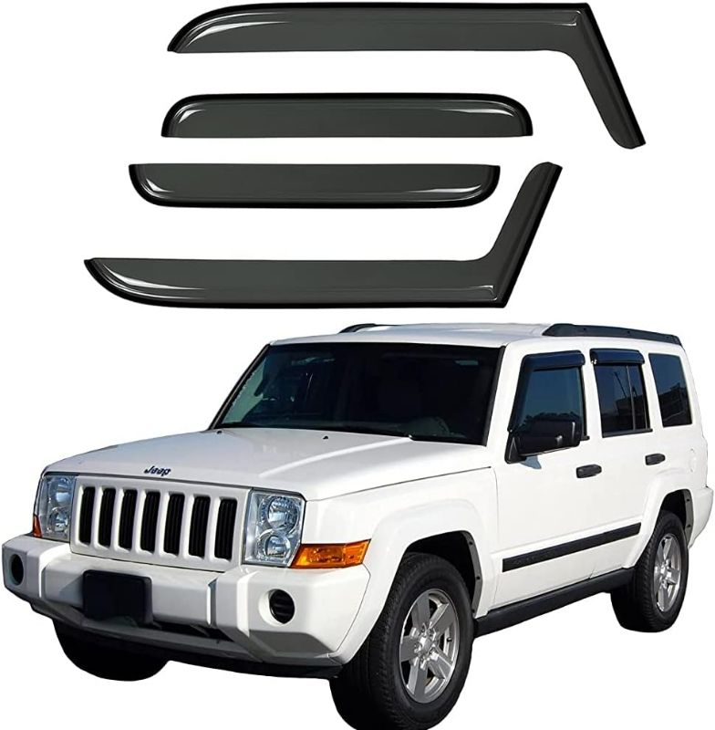 Photo 1 of 94117 Side Window Visor Wind Vent Deflector,4pcs Out-Channel Tape-On Dark Smoke Sun Rain Guards Set fit for 2006-2010 Jeep Commander
