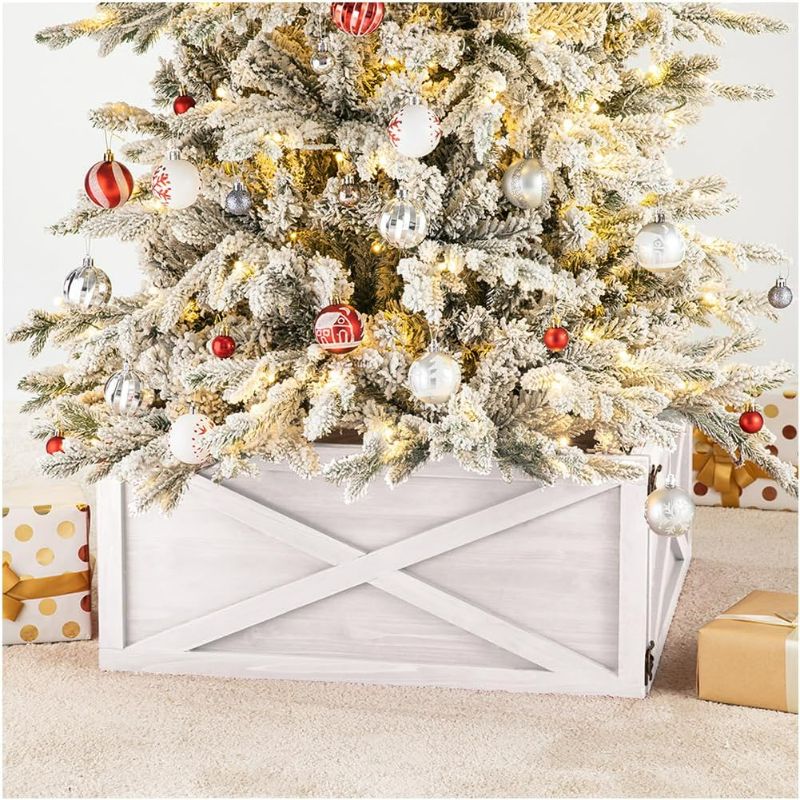 Photo 1 of Glitzhome Washed White Wooden Tree Collar Tree Stand Cover Christmas Tree Skirt Tree Box, 22" L
