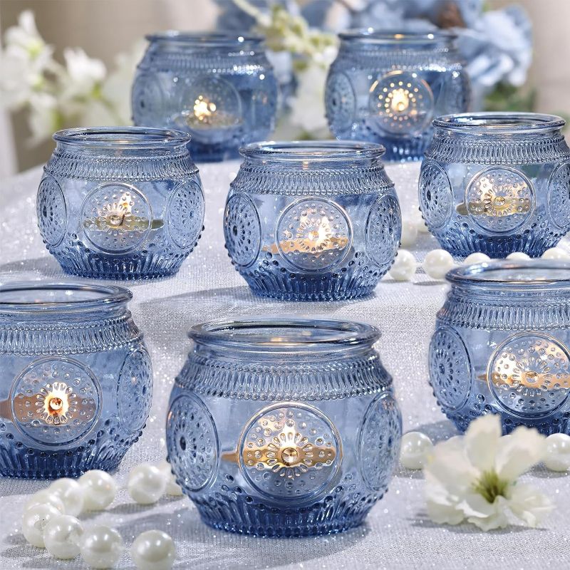 Photo 1 of LAMORGIFT 12 Pcs Blue Votive Candle Holders- Blue Candle Holders for Bridal Shower Decorations, Votive Candle Holders Bulk for Wedding Reception Table Centerpieces, Baby Shower Party Decor
