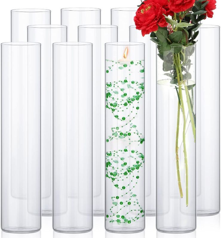 Photo 1 of 12 Pack Glass Clear Cylinder Vases Tall Floating Candle Holders Centerpiece Table Vases for Home Wedding Decorations Formal Dinners (16 x 3.35 Inch)
