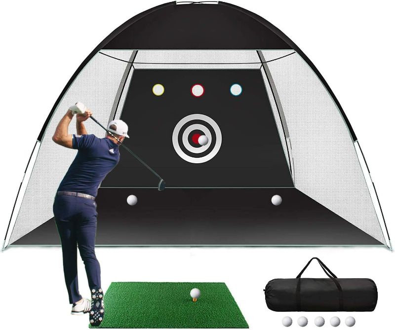 Photo 1 of Golf Net, One Key Pull Expansion Design 10x7.5 Ft Golf Practice Net with Golf Mat, All in 1 Golf Gifts for Men Backyard Driving Chipping, Golf Accessories for Men with Target/Mat/Balls/Tee/Bag
