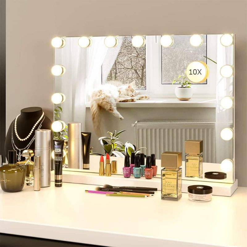 Photo 1 of LilyHome Vanity/Makeup Mirror with Lights,10X Magnification,Large Hollywood Lighted Vanity Mirror with 15 Dimmable LED Bulbs,3 Color Modes,Touch Control for Bedroom,Tabletop or Wall-Mounted
