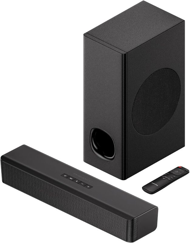 Photo 1 of PHEANOO 2.1 Compact Sound Bars for TV with Subwoofer, HDMI ARC/Bluetooth 5.0/Optical/AUX/RCA Connection, Remote Control, Adjustable Bass, Wall Mountable – P15, 140W, 16 inch, Black
