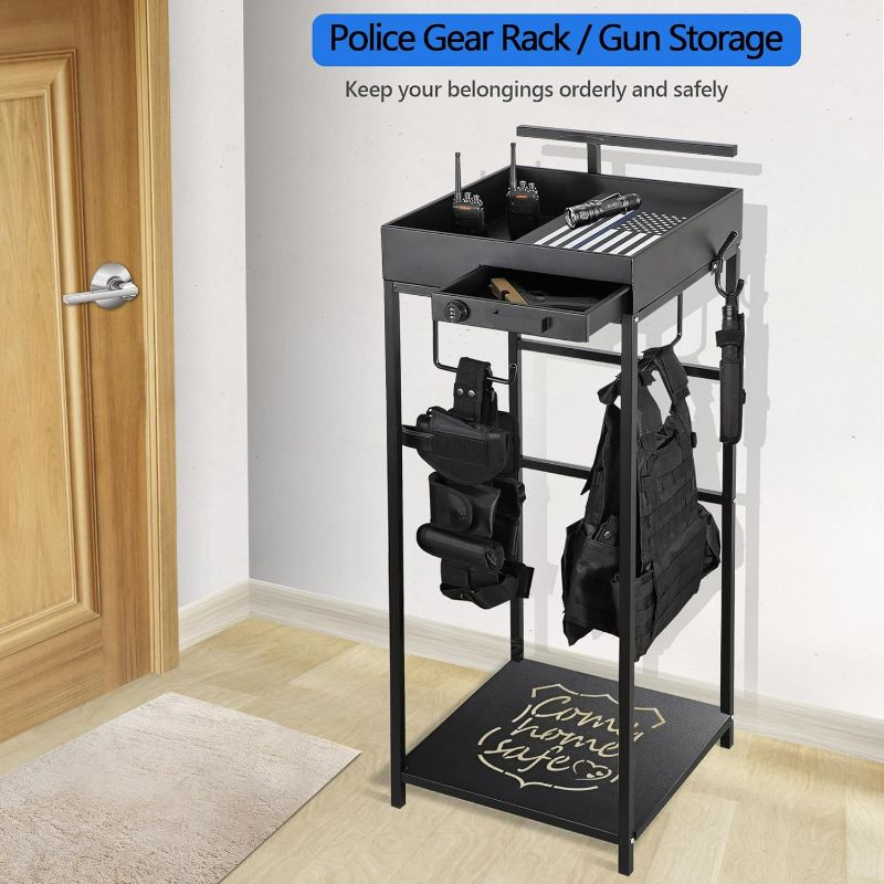 Photo 1 of Police Gear Stand, Police Hanger, Tactical Duty Gear Rack with 3 Hooks, Free-Standing All Iron Frame Police Gift Decor with Flag, Black, Come Home Safe
