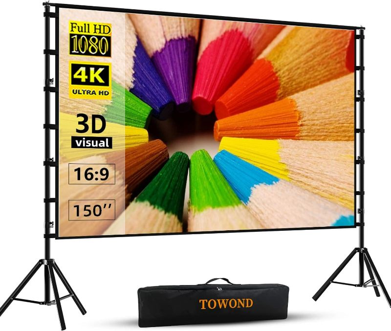Photo 1 of Projector Screen and Stand,Towond 150 inch Indoor Outdoor Projection Screen, Portable 16:9 4K HD Rear Front Movie Screen with Carry Bag Wrinkle-Free Design for Home Theater Backyard Cinema
