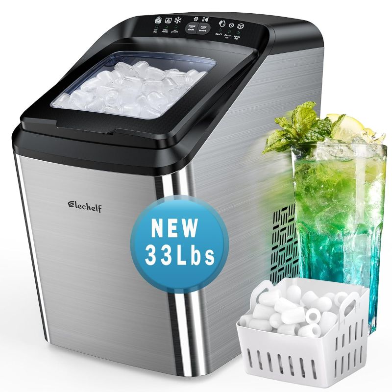 Photo 1 of 33Lbs/24Hrs Countertop Ice Makers Countertop,Bullet Ice Machine,Counter Ice Maker Machine,9 Pcs Cube Ready in 8-15mins with Scoop and Basket,Perfect for Home/Kitchen/Party/Office?Sliver?

