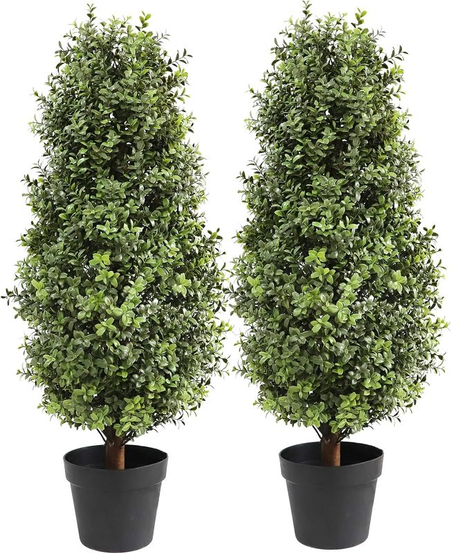 Photo 1 of Artificial Topiary Boxwood Tree, Faux Shrub, Includes Black Plastic Pot, 2 Packs Fake Trees, Home Decor for Indoor and Outdoor, Faux Plants Outdoor, Artificial Greenery Set,35inch
