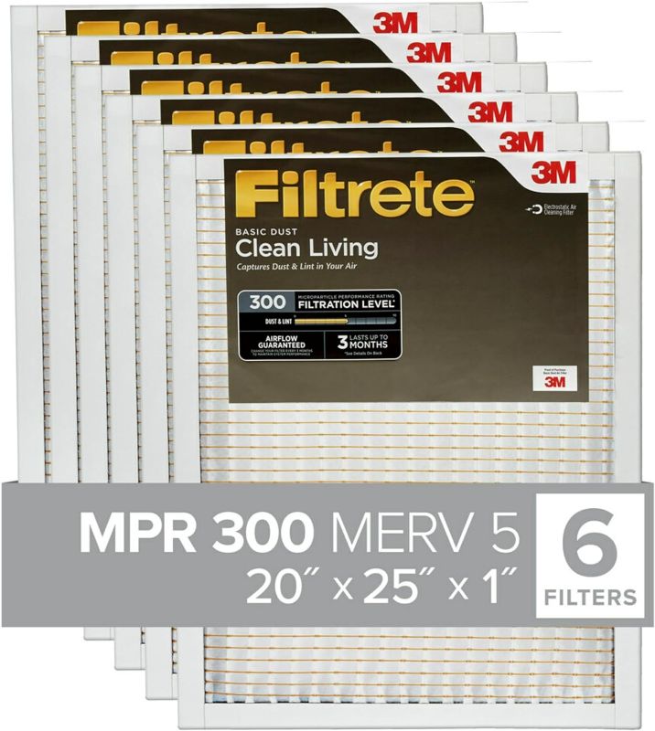 Photo 1 of Filtrete 20x25x1 AC Furnace Air Filter, MERV 5, MPR 300, Capture Unwanted Particles, 3-Month Pleated 1-Inch Electrostatic Air Cleaning Filter, 6-Pack (Actual Size19.69x24.69x0.81 in)
