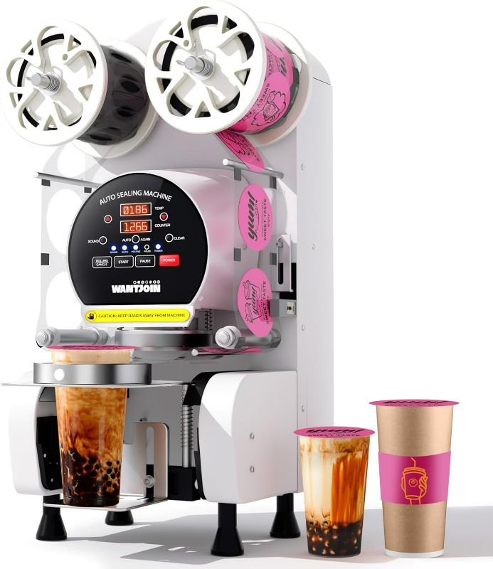 Photo 1 of WantJoin Cup Sealing Machine Full Automatic Cup Sealer Machine 89/90/95MM 3.50/3.54/3.74IN Electric White Cup Sealing Machine 500-600 Cups/H(White)
