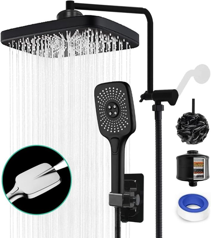 Photo 1 of Matte Black 12" Rain Shower Head with 4 Settings High Pressure Handheld Spray Rainfall Shower head with 12" Adjustable Shower Extension Arm, 79" Shower Hose Free Shower Filter for Hard Water
