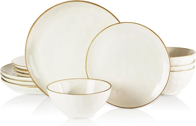 Photo 1 of Famiware Dinnerware Sets for 4, Ocean Round 12-Piece Kitchen Plates and Bowls Sets, Microwave and Dishwasher Safe, Scratch Resistant, Vanilla White
