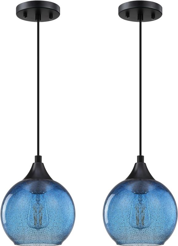 Photo 1 of 1 Light 6.3" Hanging Indoor Kitchen Island Pendant Lights Black Seeded Glass Pendant Ceiling Light Fixtures Black Finish Farmhouse Dinning Over Sink (2 Pack, Ancient Black Seeded Blue Glass)
