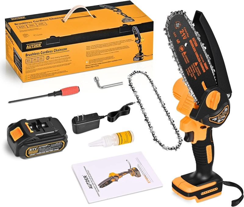 Photo 1 of AUTDER Mini Chainsaw 6-Inch, Power Chain Saws with 2 Batteries, Electric Chainsaw Cordless, Portable Handheld Chainsaw for Tree Pruning & Wood Cutting