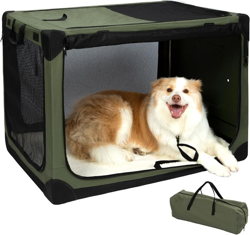 Photo 1 of 36 Inch Stainless Steel Collapsible Dog Crates for Large Dogs, 4-Door Soft Sided Dog Kennel for Travel, Portable Foldable Pet Crate with Durable Mesh Windows, Indoor & Outdoor, Olive Green
