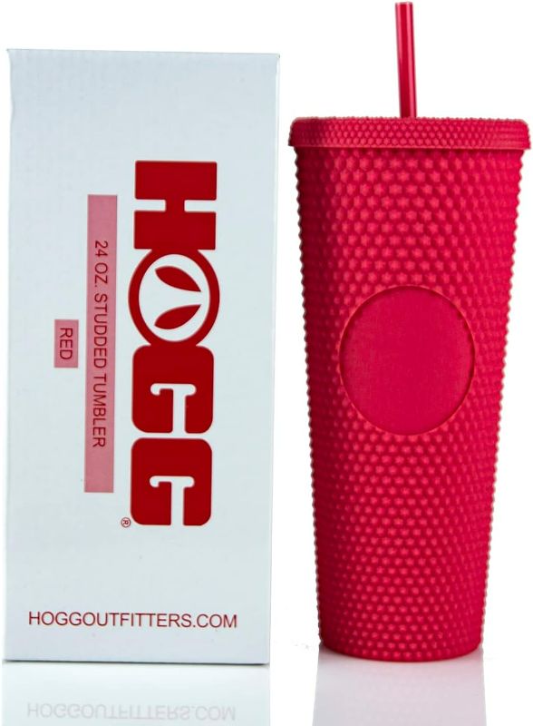 Photo 1 of Hogg 24oz Studded Tumbler with lid and straw, DIY, Customizable with Bling or Glitter, Reusable Textured Venti Cup, Double Wall Insulated (24oz with circle, Red)
