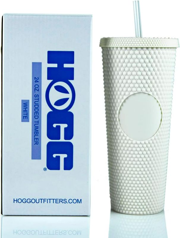 Photo 1 of Hogg 24oz Studded Tumbler with lid and straw, DIY, Customizable with Bling or Glitter, Reusable Textured Venti Cup, Double Wall Insulated (24oz with circle, White)
