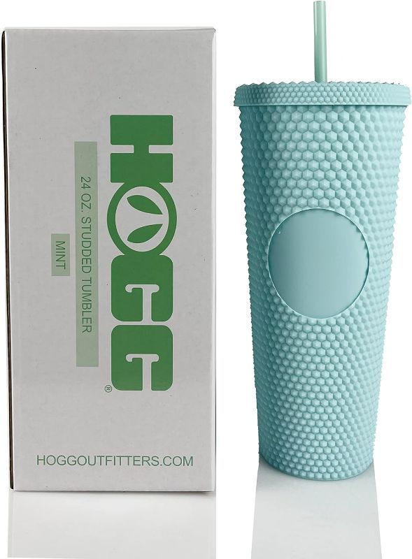 Photo 1 of Hogg 24oz Studded Tumbler with lid and straw, DIY, Customizable with Bling or Glitter, Reusable Textured Venti Cup, Double Wall Insulated (24oz with circle, Mint)