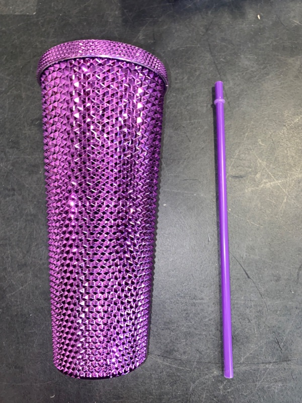 Photo 2 of Hogg 24oz Studded Tumbler with lid and straw, DIY, Customizable with Bling or Glitter, Reusable Textured Venti Cup, Double Wall Insulated (24oz with circle, Glossy Purple)
