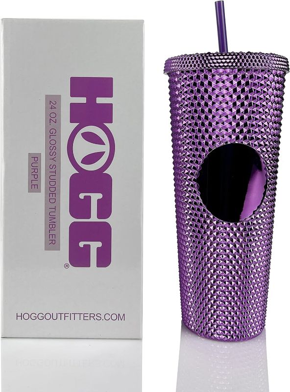 Photo 1 of Hogg 24oz Studded Tumbler with lid and straw, DIY, Customizable with Bling or Glitter, Reusable Textured Venti Cup, Double Wall Insulated (24oz with circle, Glossy Purple)
